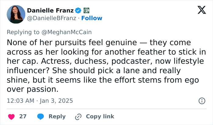Tweet criticizing Meghan Markle's lifestyle series as "tone deaf," questioning her sincerity across various roles.