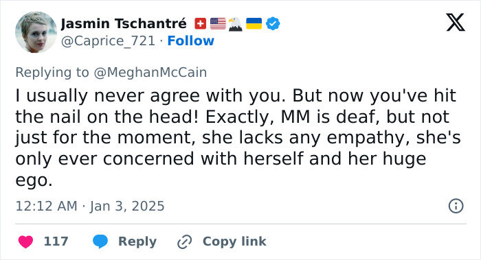 Tweet criticizing Meghan Markle's lifestyle series as tone deaf and lacking empathy, with various engagement icons shown.