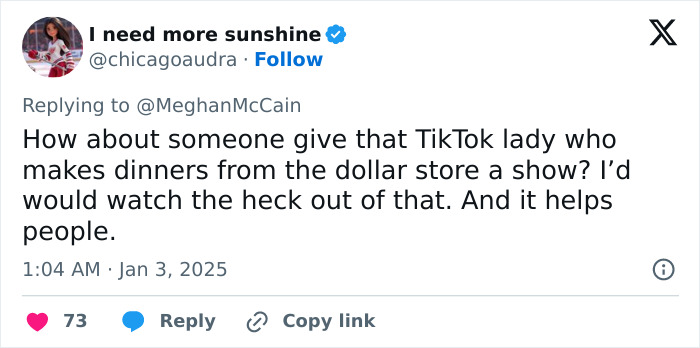 Tweet suggesting a TikTok creator making dollar store meals for a show, in response to Meghan Markle's lifestyle series criticism.