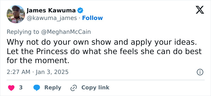 Tweet response to Meghan McCain about Meghan Markle's lifestyle series controversy.