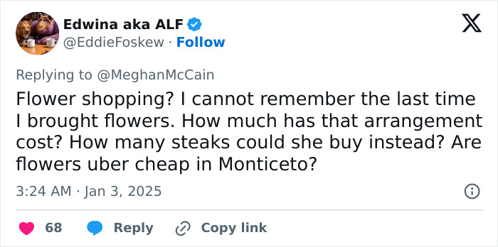 Tweet criticizing Meghan Markle's lifestyle series as tone-deaf, questioning flower shopping expenses.