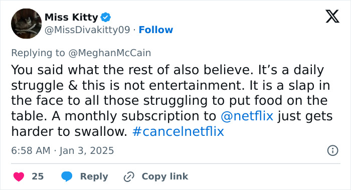 Tweet criticizing Meghan Markle's lifestyle series as tone deaf and out of touch, mentioning #cancelNetflix.