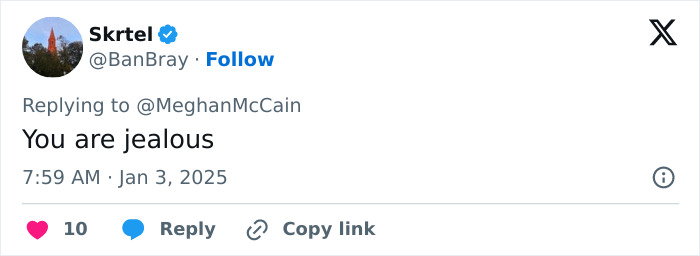 Tweet response to Meghan McCain criticizing Meghan Markle's lifestyle series, stating "You are jealous.