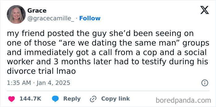 A funny tweet about dating and unexpected consequences, with high engagement.