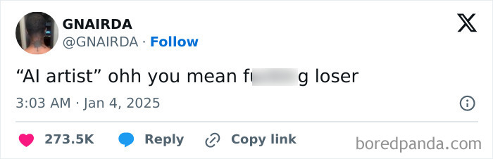 Tweet with a humorous take on AI artists, gaining high engagement in January.