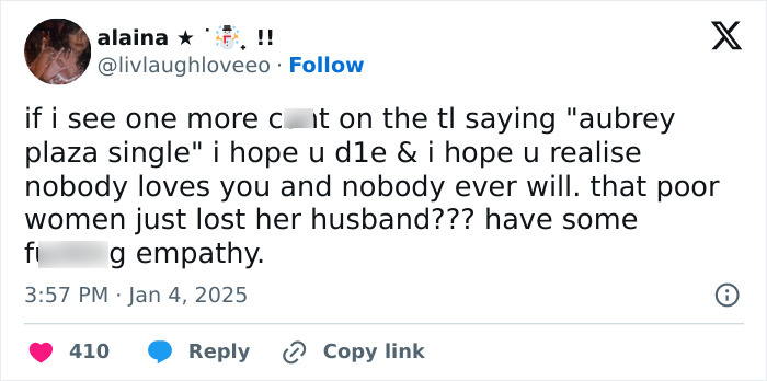 Tweet criticizing reactions to Aubrey Plaza's single status after husband's death, highlighting lack of empathy. Tweet criticizing reactions to Aubrey Plaza's single status after husband's death, highlighting lack of empathy.