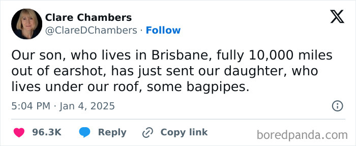 Tweet about parenting humor, discussing a son in Brisbane sending bagpipes to his sister at home.