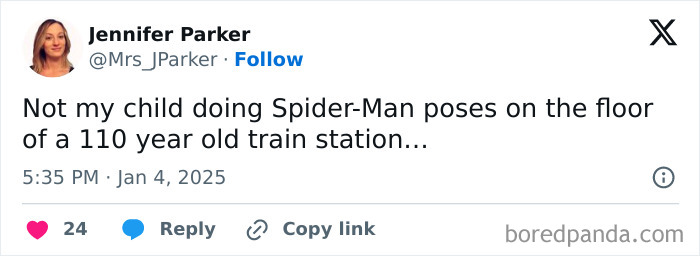 Tweet about funny parenting moments at a historic train station with a child doing Spider-Man poses.