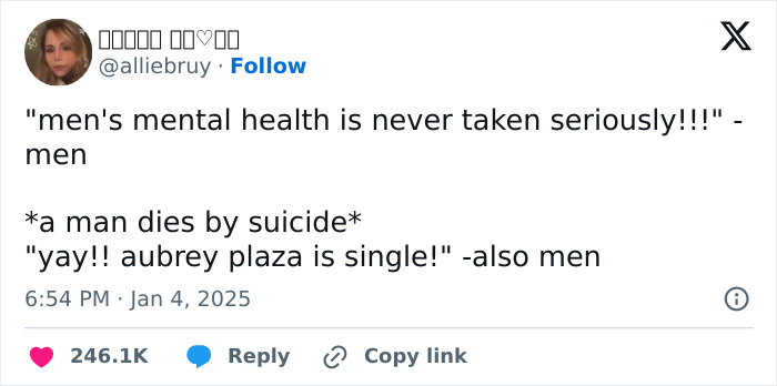 Screenshot of a tweet criticizing reactions to Aubrey Plaza's single status after her husband's passing. Screenshot of a tweet criticizing reactions to Aubrey Plaza's single status after her husband's passing.