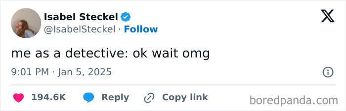 Funny tweet by Isabel Steckel about being a detective, with 194.6K likes, dated January 5, 2025.