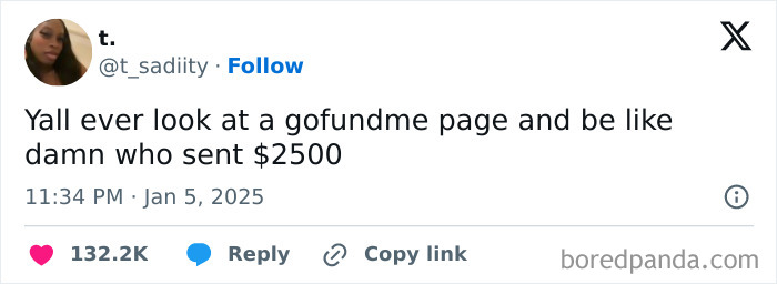 Tweet joking about surprise at a $2500 donation on GoFundMe; highlights humor getting through January.