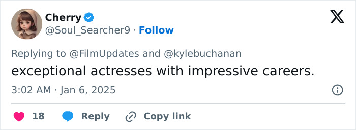 Tweet discussing actresses Nicole Kidman and Jodie Foster's careers, highlighting their exceptional achievements.