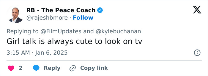 Tweet by RB - The Peace Coach discussing "girl talk" being cute on TV.