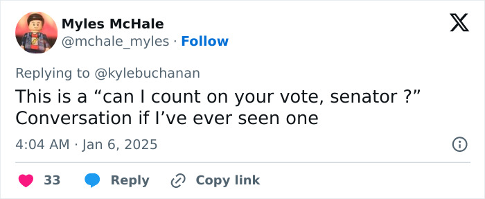 Tweet by Myles McHale replying to Kyle Buchanan about a conversation with a senator.