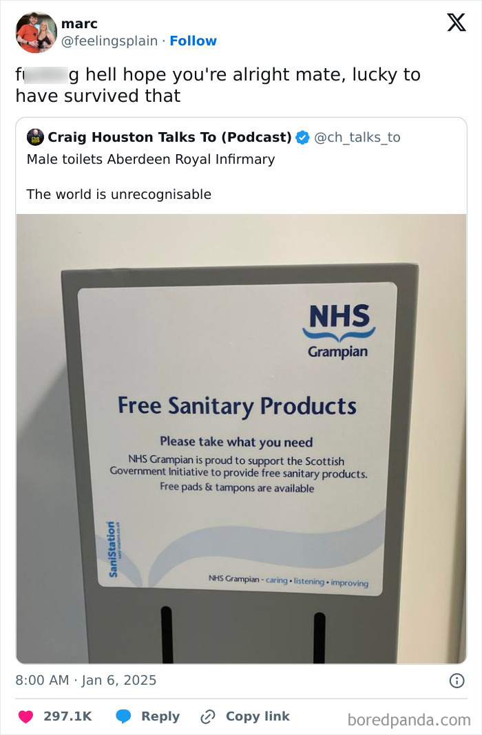 Funny tweet about surviving January, displaying NHS sign offering free sanitary products in men's restroom.