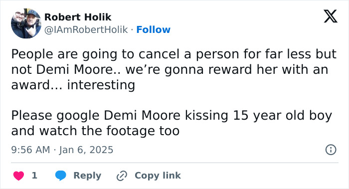 Tweet criticizing Demi Moore over resurfaced clip, mentioning her kissing a 15-year-old boy, suggesting to watch the footage.