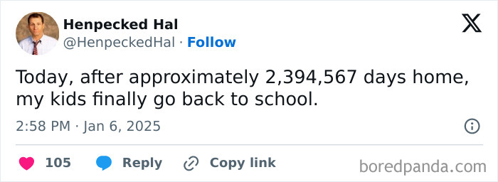 Funny parenting tweet about kids finally returning to school after a long time at home.