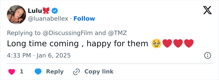 Tweet congratulating Zendaya and Tom Holland on their engagement, shared by user Lulu.