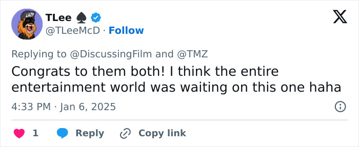 Tweet celebrating Zendaya and Tom Holland's engagement, expressing excitement in entertainment.