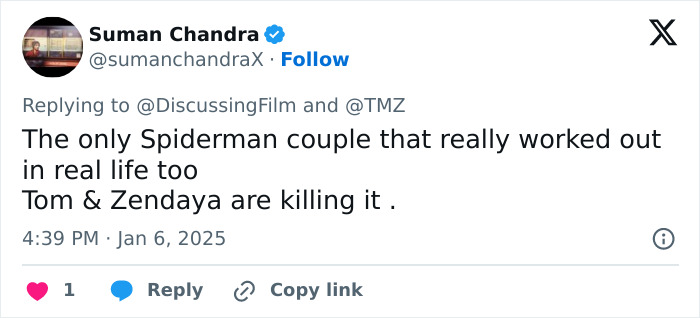 Suman Chandra tweets about Zendaya and Tom Holland's relationship success on January 6, 2025.
