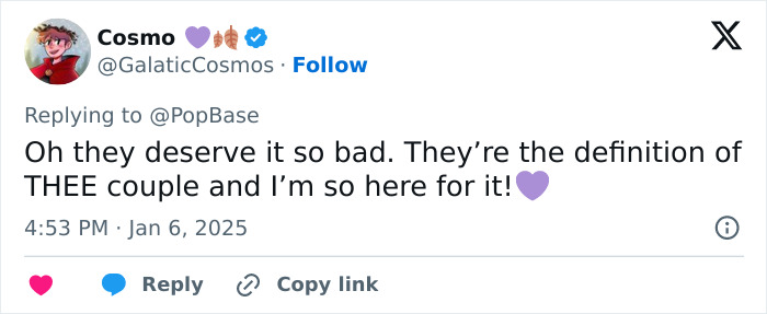 Tweet expressing excitement about a couple, with purple heart emojis and positive affirmation.