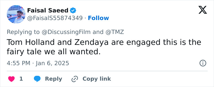 "Tweet about Zendaya and Tom Holland engagement news from Faisal Saeed.