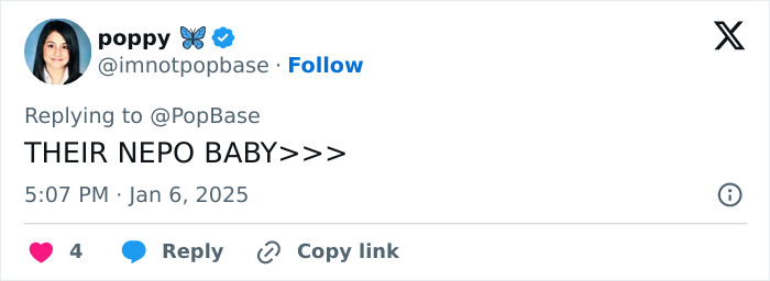 Tweet by user poppy, replying to PopBase, reads: "THEIR NEPO BABY>>>" with engagement details.
