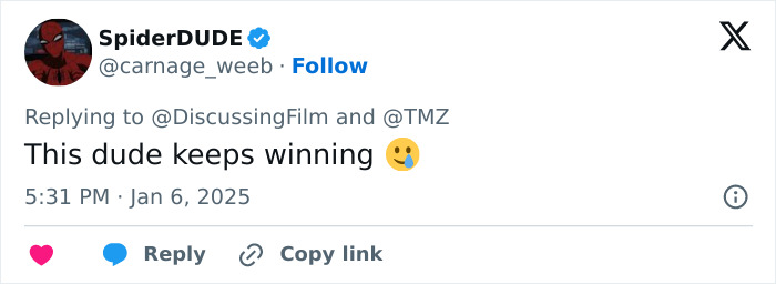 Tweet screenshot with SpiderDude commenting "This dude keeps winning" in response to news about Zendaya and Tom Holland engagement.