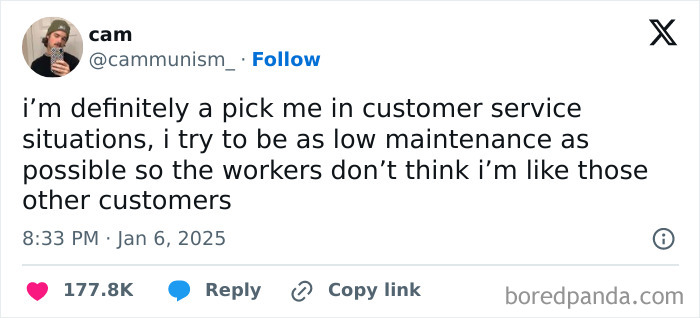 Funny tweet about being a low-maintenance customer with over 177k likes, humorously reflecting on customer service.