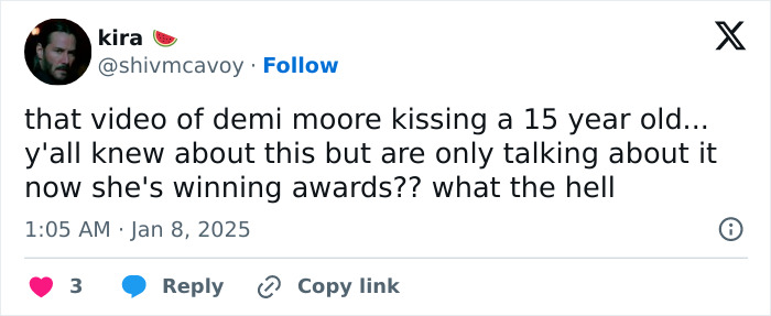 Tweet discussing controversial resurfaced clip of Demi Moore with a 15-year-old.