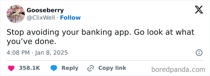 Funny tweet about avoiding your banking app to survive January, screenshot from social media.