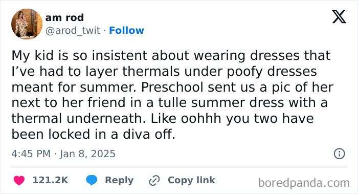Funny parenting tweet about a child insisting on wearing summer dresses layered with thermals, leading to a "diva off."