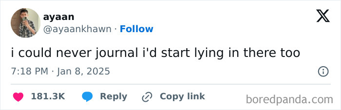 Funny tweet about journaling, shared by user ayaankhawn, resonating with many in January.