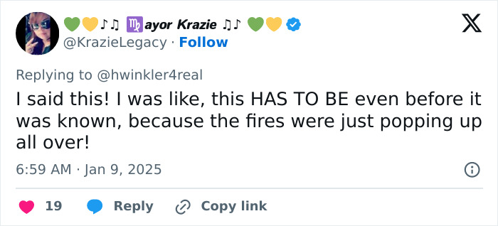 Tweet discussing arsonists captured on camera during LA wildfires, referencing theories surrounding the incidents.