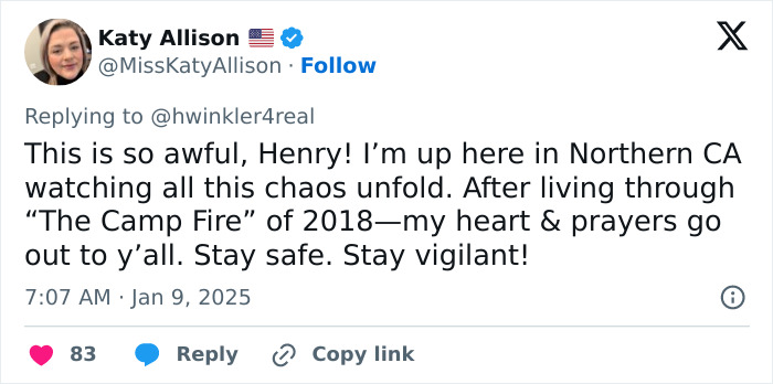 Tweet by Katy Allison expressing concern over LA wildfires, mentioning Northern CA chaos and sending prayers and safety wishes.