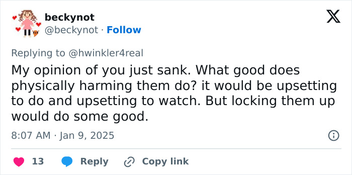 Tweet criticizing arsonists caught on camera during LA wildfires, suggesting imprisonment.