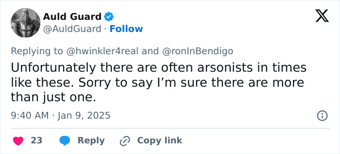 A tweet discussing the presence of arsonists during the LA wildfires.