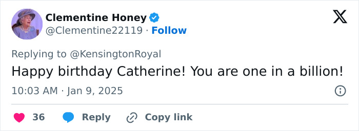 A tweet wishing happy birthday to Kate Middleton on her 43rd birthday.