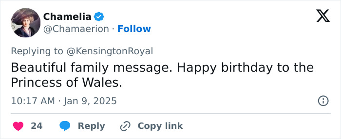 Tweet wishing Princess of Wales a happy birthday, mentioning a beautiful family message.
