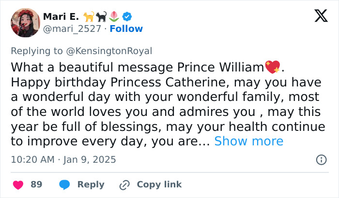 Tweet praising Prince William for a heartfelt message on Kate Middleton's birthday.