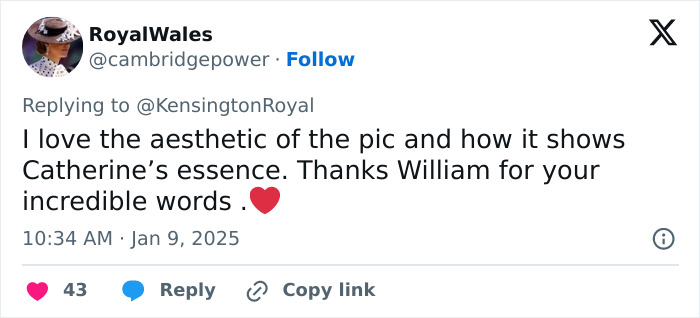 Tweet praising Prince William's words on Kate Middleton's birthday, highlighting Catherine's essence.