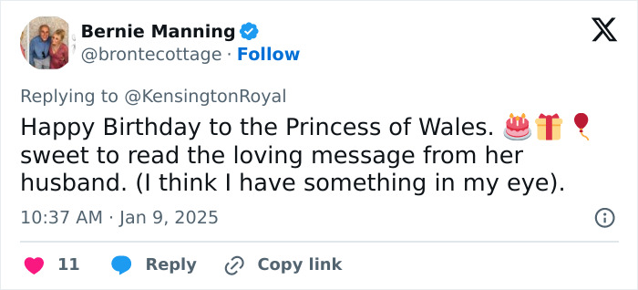 Tweet expressing emotion over Prince William's heartfelt message on Kate Middleton's 43rd birthday.