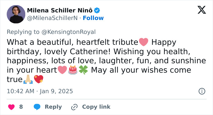 A heartfelt tribute tweet to Kate Middleton on her 43rd birthday with wishes of health and happiness.