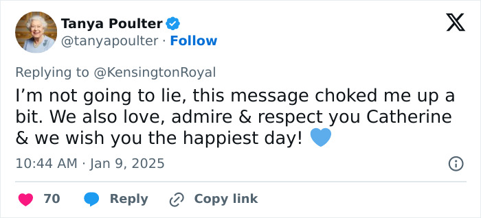 Tweet expressing admiration for Kate Middleton and birthday wishes, related to Prince William's influence online.
