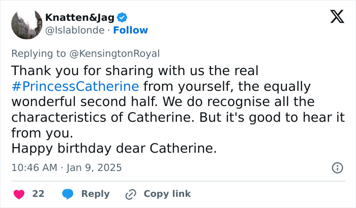 Tweet expressing birthday wishes for Princess Catherine, highlighting her wonderful characteristics.