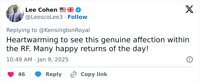 Tweet expressing warm wishes for Kate Middleton's 43rd birthday, highlighting royal affection.