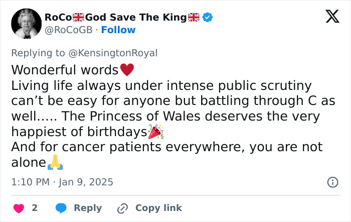 Tweet supporting Kate Middleton's 43rd birthday, mentioning public scrutiny and cancer patients.