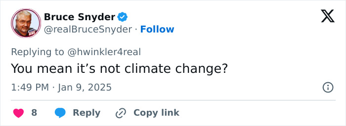 Screenshot of a tweet questioning if arsonists, not climate change, are responsible for LA wildfires.