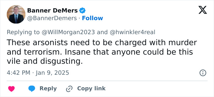 Tweet discussing arsonists during LA wildfires, described as vile and disgusting.