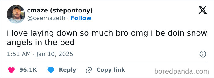 Funny tweet about enjoying bed rest, humorously comparing it to making snow angels indoors.